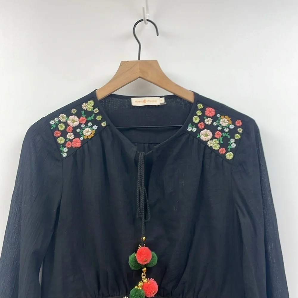 Tory Burch Fleur Embroidered Floral Woven Peasant Tunic Blouse Boho Black 8